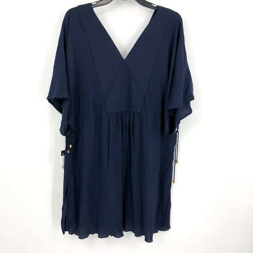 LAUREN BY RALPH LAUREN Womens Swim Cover Up Tunic Large Navy Blue Crinkle NWT